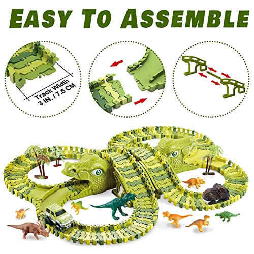 XC21002 Dinosaur Toys, Dinosaur Track Cars - 200 Pcs Train Tracks plus Dinosaurs & Cars to Create a Jurassic Dino World Track Set, Kids Christmas Birthday Party Gift for 3 4 5 6 Year Old Boys Girls