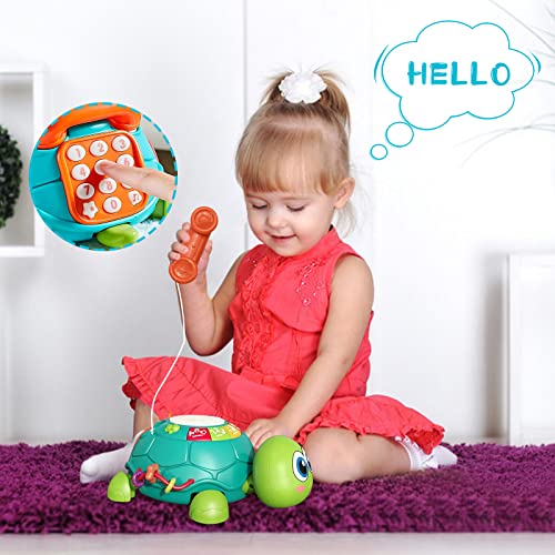 DBQ22001 Growinlove Baby Musical Crawling Turtle Toy, Multifunction Early Educational Music Toys with Drum and Pretend Phone, Baby Light Up Crawling Toys, Great Gifts for Baby Infants Toddlers Boys Girls