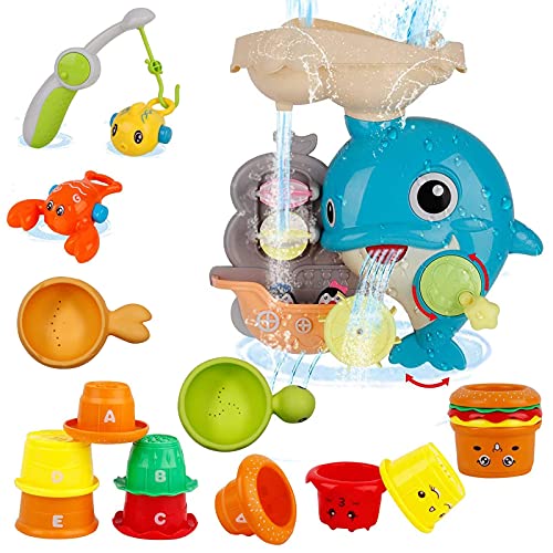 BCJ20001 Baby Bath Toys Games - Dolphin Waterfall Station Spin and Flow Bathtub Toys with Fishing Games Stacking Cups Squirt Fish Tub Water Toy for Toddlers Kids Infant Girls and Boys Fun Bath Time Gift