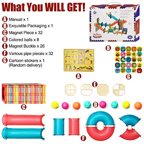 HS21001 Magnetic Building Blocks Tiles Toys - 101 PCS Magnet Construction Toys 3D Pipeline Marble Run Race Track with Alphabet Number Stickers STEM Learning Educational Toy for Kids Age 3 4 5 6 7 8 Years Old