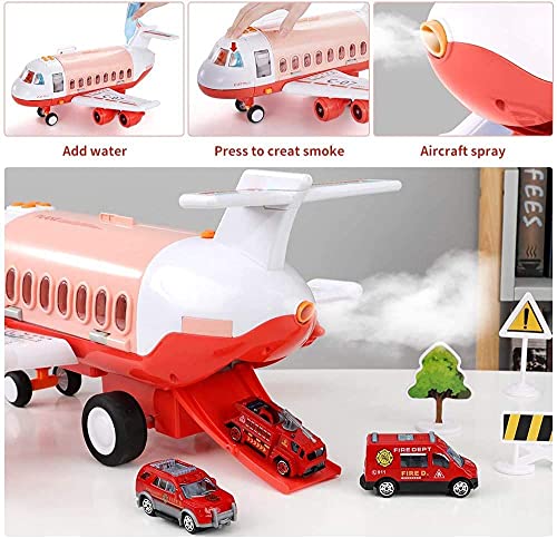 Transport Construction Vehicles Aircraft Toys - Storage Transport Airplane with 6 Diecast Trucks and Playmat, Kids Toy Jet Aircraft with Mist Spay, Light & Sounds, Gift for 3 4 5 6 Years Old Children