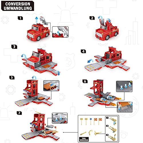 TOP21007 Kids Car Play Vehicles Set - Fire Truck Cars Garage Toys Set for Boys, Deformable Engineering Truck Toy with Lights & Sounds with 6 Mini Cars, Vehicle Garage Set Toys Gift for 3 4 5 6 Kids Toddlers