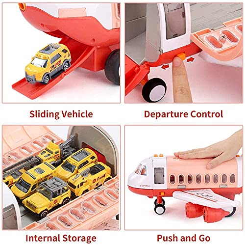 Transport Construction Vehicles Aircraft Toys - Storage Transport Airplane with 6 Diecast Trucks and Playmat, Kids Toy Jet Aircraft with Mist Spay, Light & Sounds, Gift for 3 4 5 6 Years Old Children