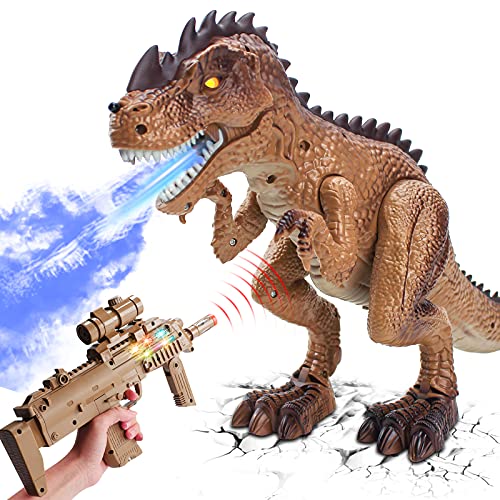 Remote Control Dinosaur Toys for Kids - Electric Toy RC T-Rex React to Shooting, Spraying Walking Dinosaur with Roaring Realistic Simulation Sounds and LED Light, Gift for 2-6 Year Old Boys, Brown