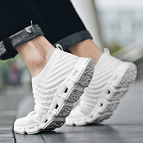 EARSOON Mens Trainers Road Running Shoes Mesh Running Trainers Casual Walking Shoes Slip On Gym Fitness Athletic Sport Shoes All White Size 9