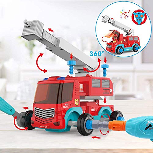 TOP20001 Remote Control Take Apart Toys - RC Cars for Kids STEM Build Your Own Fire Truck Toys with Electric Drill, Lights and Music, Construction Toy Gifts for Boys and Girls