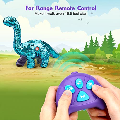 Remote Control Reversible Sequins Dinosaur Toy for 2 Years Old & Up Girls Boys, RC Dino Can Repeat & Walk & Roar& Sing, Christmas Birthday Gifts for Toddlers Kids