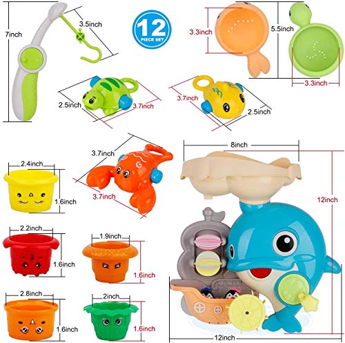 BCJ20001 Baby Bath Toys Games - Dolphin Waterfall Station Spin and Flow Bathtub Toys with Fishing Games Stacking Cups Squirt Fish Tub Water Toy for Toddlers Kids Infant Girls and Boys Fun Bath Time Gift