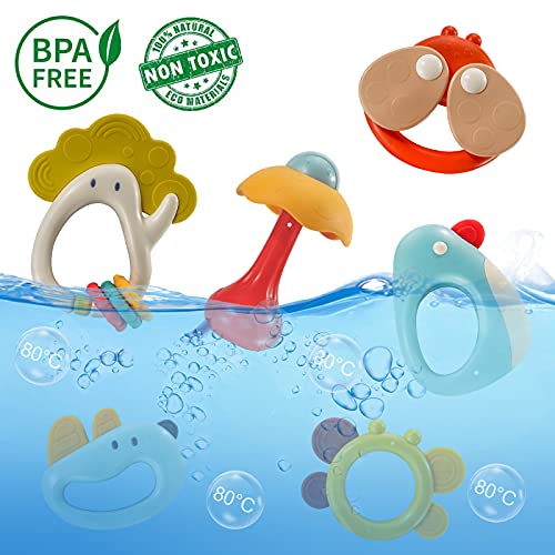 DM21002 Baby Rattle Teether Set with Wobble Toy, Grab Shaker and Spin Rattle Toy with Storage Box, Interactive Early Educational Rattles Baby Newborn Gift for 3 6 9 12 Month Infant, Boys, Girls