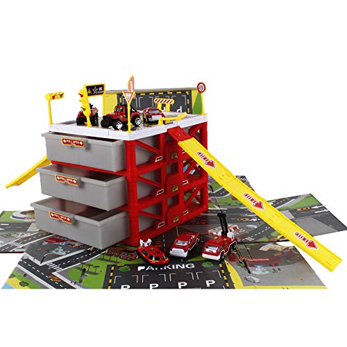 XBC19006 Parking Lot Car Garage Playset Matchbox Cars playsets ,Vehicle Toy Fire Car Storage Box Toys Set Educational Gift with 6 Fire Trucks, Ramps, Traffic Signs for Kids