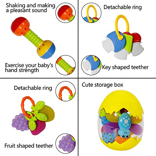 Rattle Teether Set Baby Toys - Happytime 13 Pcs Shake Rattle Teethers Early Education Toys for Newborn Infant with Surprise Egg for 3 6 9 12 18Month