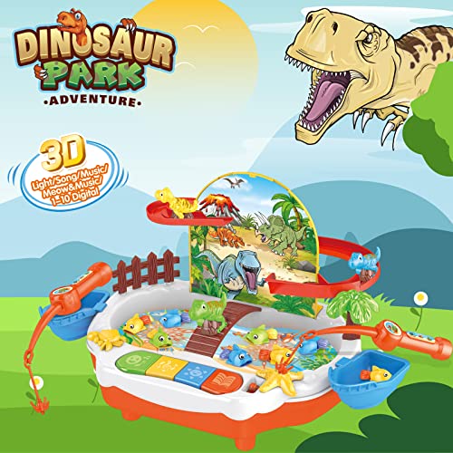 XMT22003 Dinosaur Toys for Kids,Magnetic Fishing Game Toys with Slideway,Electronic Toy Fishing Set，Multi-purpose Educational Fish Game Toys Set with Slideway & Music, Preschool Learning Toys for Girls Boys