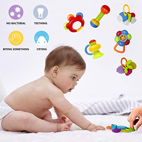 Rattle Teether Set Baby Toys - Happytime 13 Pcs Shake Rattle Teethers Early Education Toys for Newborn Infant with Surprise Egg for 3 6 9 12 18Month