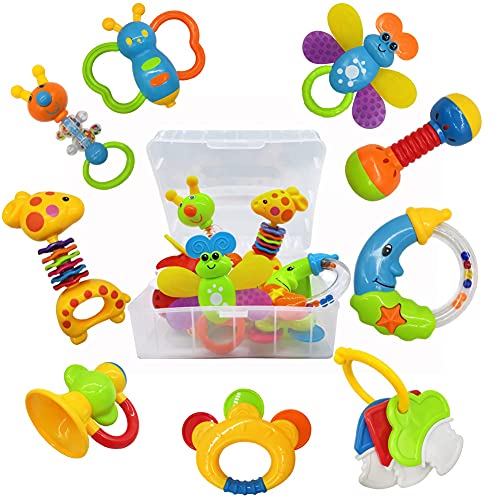 9pcs Baby First Rattle Teether Toy Gift Set with Storage Box for Infant Newborn Baby Boy 0 3 6 9 12 18Month Blue