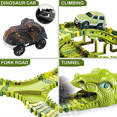 XC21002 Dinosaur Toys, Dinosaur Track Cars - 200 Pcs Train Tracks plus Dinosaurs & Cars to Create a Jurassic Dino World Track Set, Kids Christmas Birthday Party Gift for 3 4 5 6 Year Old Boys Girls