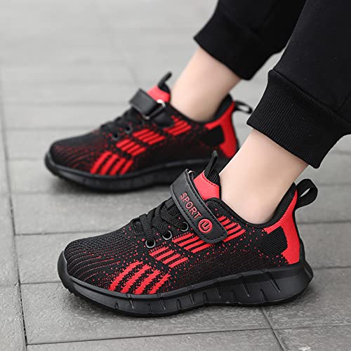 ZHEGAO Kids Trainers Running Shoes Tennis Shoes Boys School Shoes Mesh Lightweight Casual Walking Shoes Athletic Sport Shoes Black & Red Size 10 UK Child