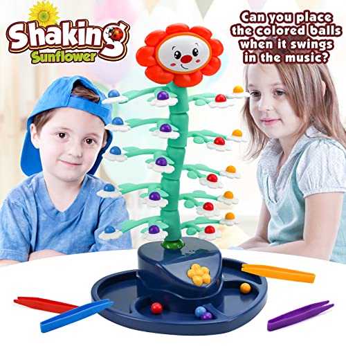 WZK21001 Xmasmate Electric Shaking Sunflower Balancing Game Toy, Fun Parent-Child Interactive Desktop Game Toy with 24pcs Colored Beads and 4 Tongs,Improve Motor Skills for Boys/Girls Birthday Gift