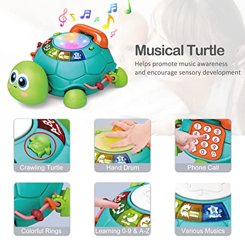 DBQ22001 Growinlove Baby Musical Crawling Turtle Toy, Multifunction Early Educational Music Toys with Drum and Pretend Phone, Baby Light Up Crawling Toys, Great Gifts for Baby Infants Toddlers Boys Girls