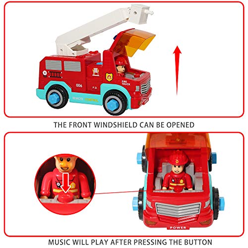 TOP20001 Remote Control Take Apart Toys - RC Cars for Kids STEM Build Your Own Fire Truck Toys with Electric Drill, Lights and Music, Construction Toy Gifts for Boys and Girls