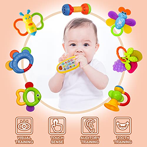 SLE21002 Baby Rattle Teether Set with Phone Toy, Newborn Baby Toys 3 6 9 12 Months with Storage Box, Grab Spin Rattle Shaker Sounds Toy, Infant Gift Toddlers Teething Toys for Baby Boys Girls