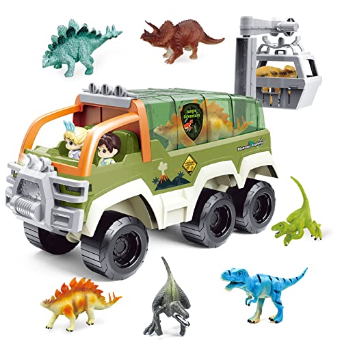 HG21001 Toddler Toys for 3 4 5 6 Years Old Boy, Dinosaur Truck Toy Car Transporter Carrier Set w/ Dinosaur Figures & Mini Racing Car with Sound & Light , Car Toys Set for Age 3-9 Toddlers Kids Boys & Girls