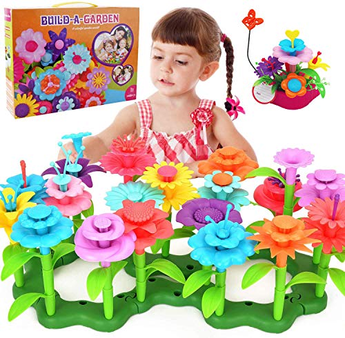 TS19001 Flower Garden Building Toy Set - Happytime 148 Pcs Build a Bouquet Floral Arrangement Playset Pretend Gardening Blocks Educational Creative Craft Toys for 3, 4, 5, 6 7 8 Year Old Toddlers Kids Girls