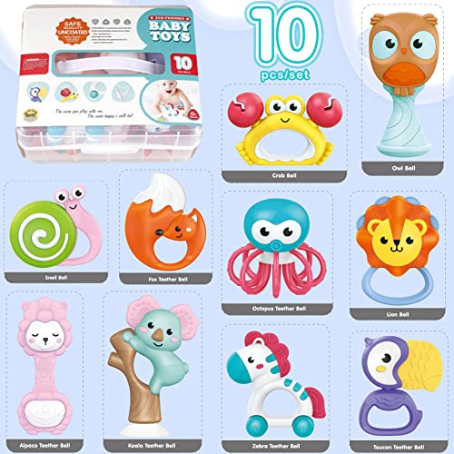 WISHTIME Baby Rattle and Teether Toys - Shower Gifts for Boys and Girls - Early Learning and Developmental Sensory Toy for Infants - Includes Musical Shakers, Teething Toys and High Chair Toy