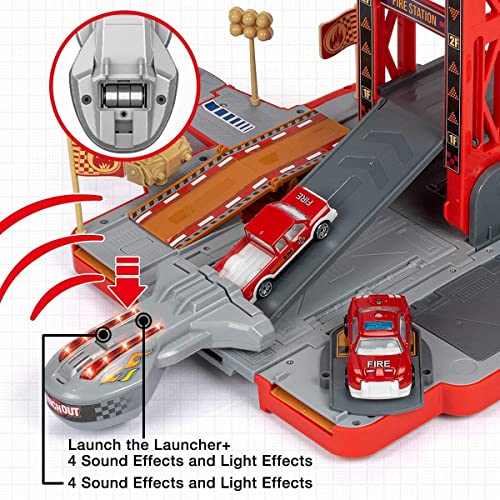 TOP21007 Kids Car Play Vehicles Set - Fire Truck Cars Garage Toys Set for Boys, Deformable Engineering Truck Toy with Lights & Sounds with 6 Mini Cars, Vehicle Garage Set Toys Gift for 3 4 5 6 Kids Toddlers