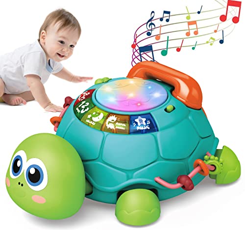 DBQ22001 Growinlove Baby Musical Crawling Turtle Toy, Multifunction Early Educational Music Toys with Drum and Pretend Phone, Baby Light Up Crawling Toys, Great Gifts for Baby Infants Toddlers Boys Girls