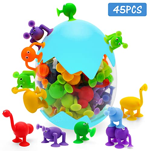 Suction Toys, 45 Pcs Kids Bath Toys Sensory Toys for 3 4 5 6 7 Year Old Boys Girls, Fidget Toys Stress Release Toys Sucker Toys Silicone Building Blocks with Dinosaur Eggshell Storage(Blue)