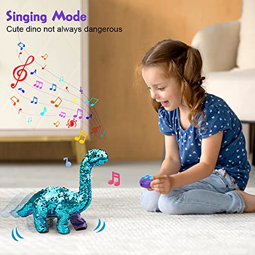 Remote Control Reversible Sequins Dinosaur Toy for 2 Years Old & Up Girls Boys, RC Dino Can Repeat & Walk & Roar& Sing, Christmas Birthday Gifts for Toddlers Kids