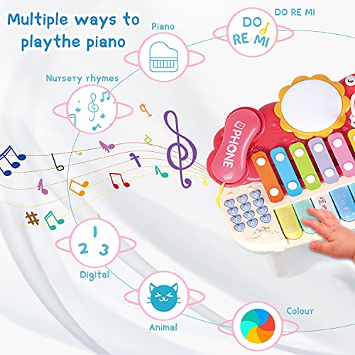 YL21001-RED Musical Toys for 1 year old Toddler Toy Piano Keyboard，4 in 1 Multi-Function Piano with Keyboard Piano，Light Xylophone，Hand Drum, Analog Call, etc.Best for Toddler Girls & Boys