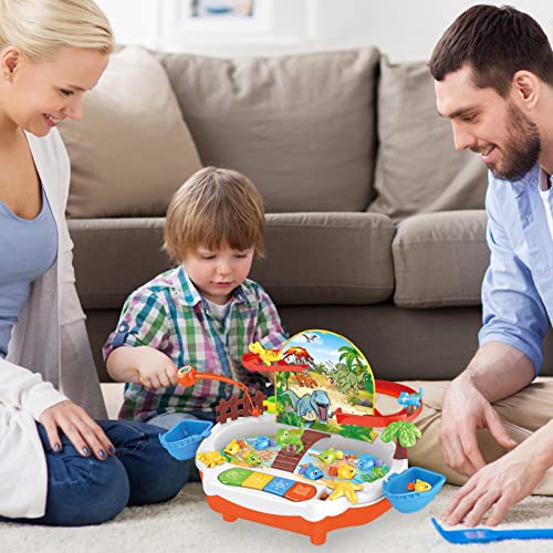 XMT22003 Dinosaur Toys for Kids,Magnetic Fishing Game Toys with Slideway,Electronic Toy Fishing Set，Multi-purpose Educational Fish Game Toys Set with Slideway & Music, Preschool Learning Toys for Girls Boys