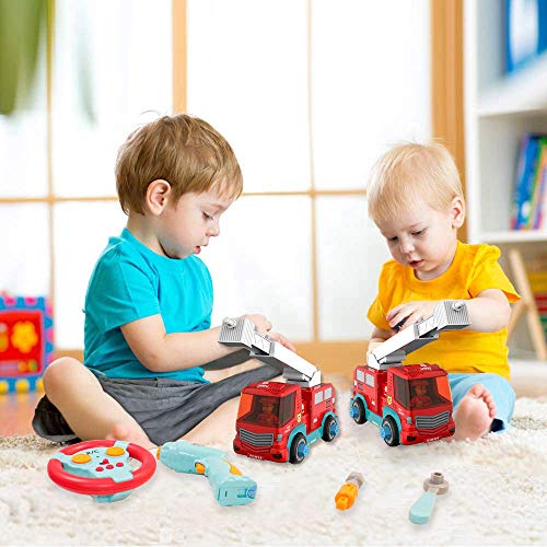 TOP20001 Remote Control Take Apart Toys - RC Cars for Kids STEM Build Your Own Fire Truck Toys with Electric Drill, Lights and Music, Construction Toy Gifts for Boys and Girls