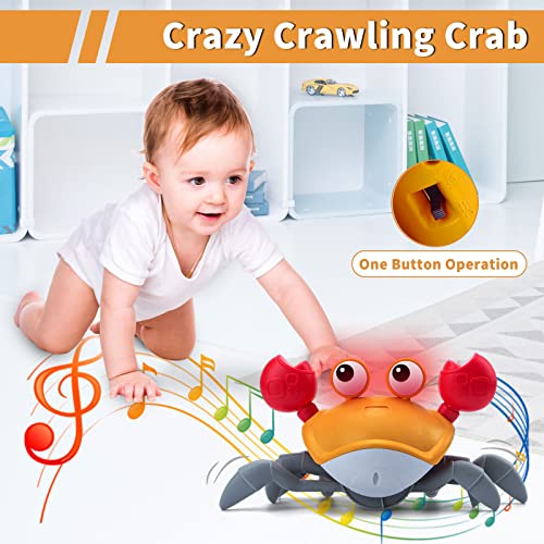 Growinlove Crawling Crab Baby Toy, Interactive Tummy Time Crab Toy with Music, Lights and Obstacle Avoidance Feature, USB Rechargeable Dancing Toy for Babies Boys Girls