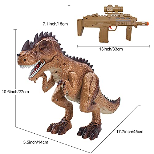 Remote Control Dinosaur Toys for Kids - Electric Toy RC T-Rex React to Shooting, Spraying Walking Dinosaur with Roaring Realistic Simulation Sounds and LED Light, Gift for 2-6 Year Old Boys, Brown