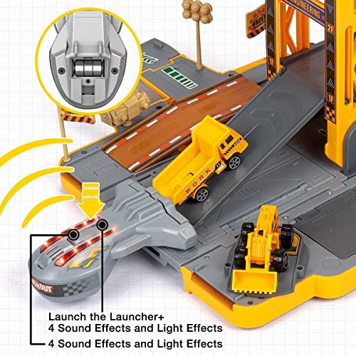 TOP21009 Kids Car Play Vehicles Set - Construction Vehicles Car Toys for Boys, Deformable Engineering Truck Toy with Lights & Sounds with 6 Mini Cars, Vehicle Garage Set Toys Gift for 3 4 5 6 Kids Toddlers