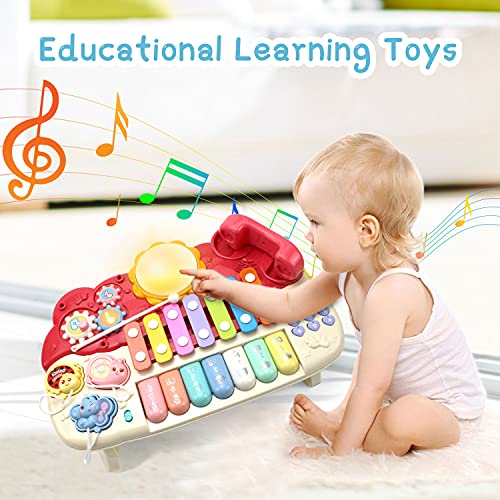 YL21001-RED Musical Toys for 1 year old Toddler Toy Piano Keyboard，4 in 1 Multi-Function Piano with Keyboard Piano，Light Xylophone，Hand Drum, Analog Call, etc.Best for Toddler Girls & Boys