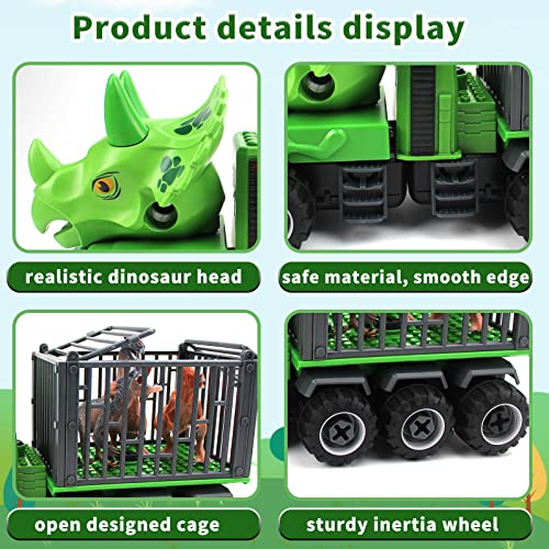 FS21004 Dinosaur Transport Truck Dinosaur Toy Set for Boys Girls, DIY Triceratops Transport Car with12pcs Dino Figures, Dinosaur mat，Two Dino CarBest Christmas,Birthday,New Year Gift Toys for 3+Year Boys Kids