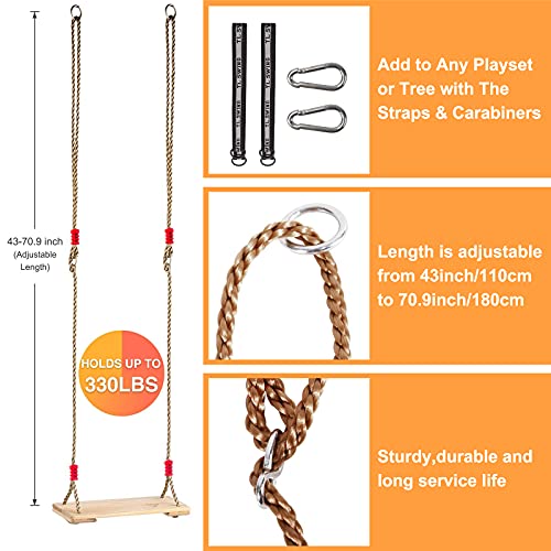 HFZ21001 Wooden Garden Swing Seat,Swings with Adjustable Rope, Durable Playground Swing Set, Easy InstallIndoor, Hanging Seat, Outdoor Wood Swing Chair for Adults & Kids,Swing Seat Max Load 150KG