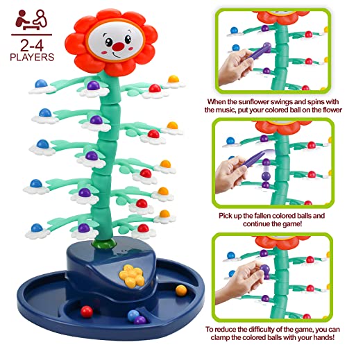 WZK21001 Xmasmate Electric Shaking Sunflower Balancing Game Toy, Fun Parent-Child Interactive Desktop Game Toy with 24pcs Colored Beads and 4 Tongs,Improve Motor Skills for Boys/Girls Birthday Gift