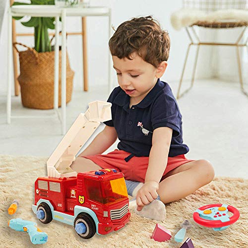 TOP20001 Remote Control Take Apart Toys - RC Cars for Kids STEM Build Your Own Fire Truck Toys with Electric Drill, Lights and Music, Construction Toy Gifts for Boys and Girls