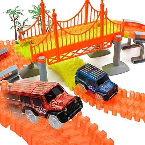 Glow Race Tracks Toy with 2 LED Light Race Cars and 18 ft 360Pcs Bendable Race Track Set Toys for Boy Age 3-12 Years Old