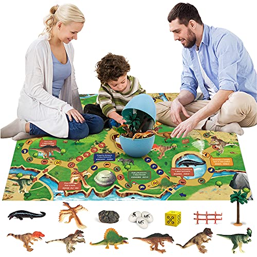 HJ21001-Blue Dinosaur Toys Game for Kids - Dinosaur Playsets for Toddlers Dinosaur Playset with Dinosaur Play Mat Dinosaur Egg Packaging Dinosaur Gifts for Kids 3 5 7 Years Old