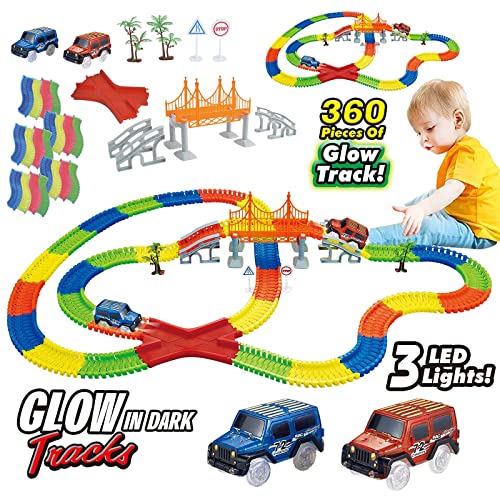 WJ21002 Car Track Glow in the Dark,Glow Race Tracks Toy with 2 LED Light Race Cars，360PCS Flexible Race Track Gifts for 3 4 5 6 Year+Boys Girls