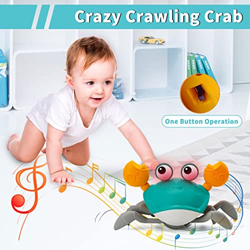 QC21001-Green Growinlove Baby Crawling Crab Musical Toy, Toddler Electronic Light Up Crawling Toy with Automatically Avoid Obstacle, Walking Crab Toy for Toddler Babies Boys Girls