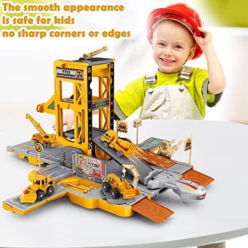 TOP21009 Kids Car Play Vehicles Set - Construction Vehicles Car Toys for Boys, Deformable Engineering Truck Toy with Lights & Sounds with 6 Mini Cars, Vehicle Garage Set Toys Gift for 3 4 5 6 Kids Toddlers