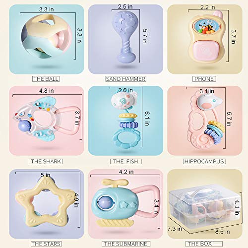 HE18005 Baby Rattle Toys for Newborns - Baby Toys Rattles And Teethers for Girls Boys 0-3-6-9-12 Months - Baby Rattle Set 8pcs - Infant Rattle Teething Toys – Developmental Sensory Toys for Babies