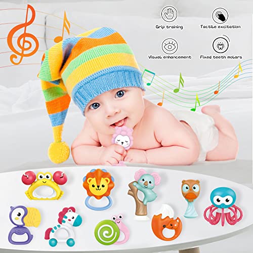 WISHTIME Baby Rattle and Teether Toys - Shower Gifts for Boys and Girls - Early Learning and Developmental Sensory Toy for Infants - Includes Musical Shakers, Teething Toys and High Chair Toy