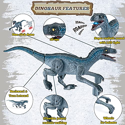 OR21004 Remote Control Dinosaur Toys for Boys - RC Dinosaur Toys Realistic Walking Robot Velociraptor with Roaring Sound, Shaking Head & Tail, Jurassic Dino Electronic Toys for Kids 3-9 Years Old (Grey)